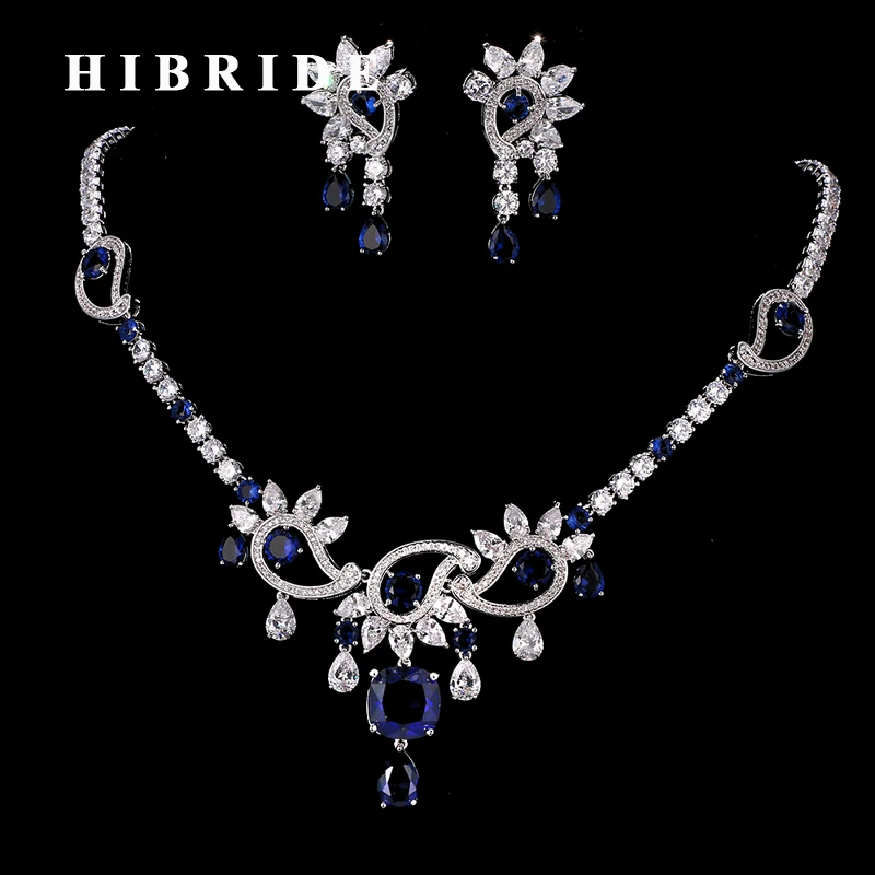 

HIBRIDE Luxury Blue and White Cubic Zircon Bridal Jewelry Sets Women Fashion Flower Shape Necklace And Drop Earring Sets N-180