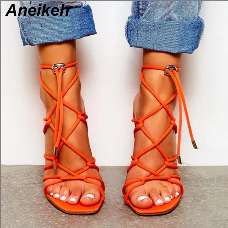 Aneikeh/ г. Новые модные женские офисные босоножки из PU искусственной кожи офисная обувь на высоком тонком каблуке, с квадратным носком, с тонким ремешком, черного и оранжевого цвета, размеры 35-42