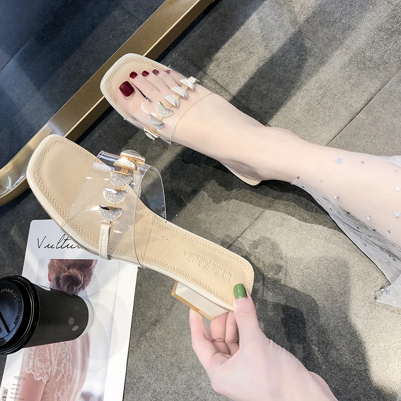 

New Summer Women Shoes Woman Slippers Transparent Metal Flower Gladiator Square Mid Heels Party Ladies Shoes Bling Beach Slipper