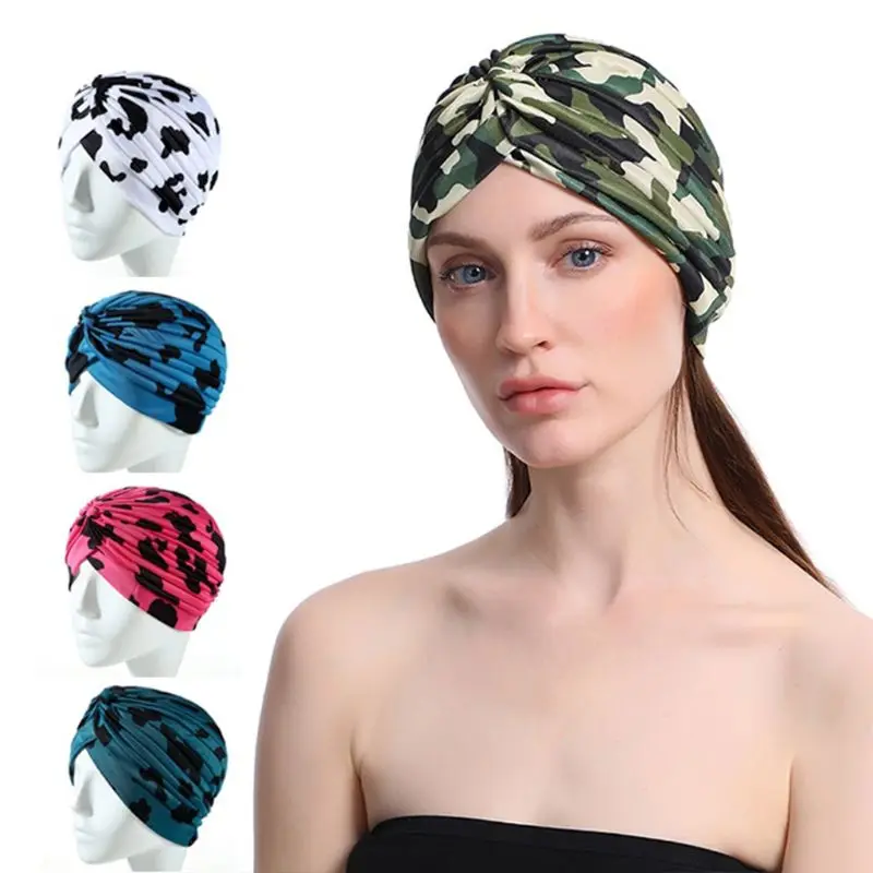 

Women Colored Camouflage Dotted Print Turban Hat Twist Knotted Front India Chemo Cap Pleated Wrinkle Stretchy Beanie Head Wrap