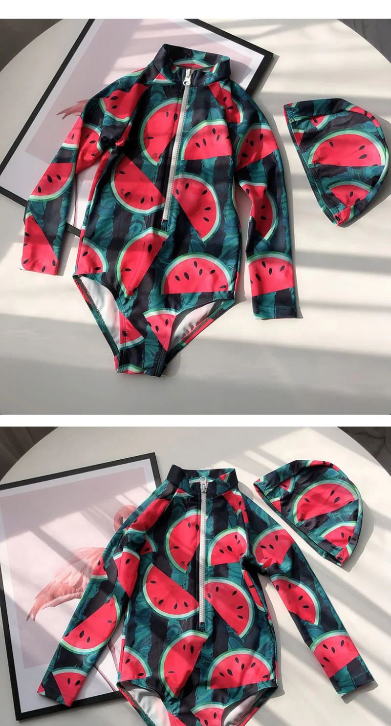 Купальный костюм для маленьких девочек, цельный купальный костюм, пляжный костюм с длинным рукавом, летний купальный костюм с рисунком единорога и буквами арбуза