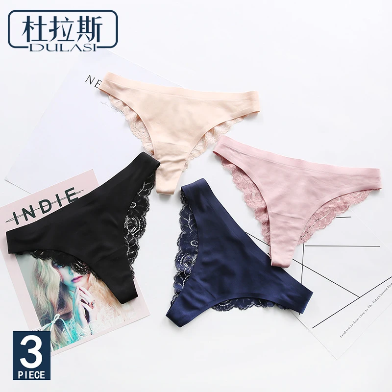 3pcs/lot Sexy Lace Thongs Women Ice Slick G String Female Underwear Low Waist Solid Seamless Panties Ladies Briefs DULASI