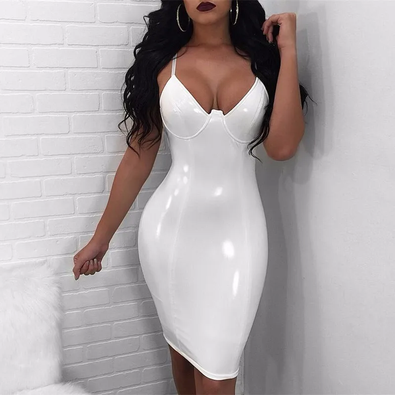 

Dream Vine Women PU Sexy Dress Summer Sleeveless Bodycon Dress Women Vintage Vestidos Spaghetti Strap Elegant Lady Party Dresses