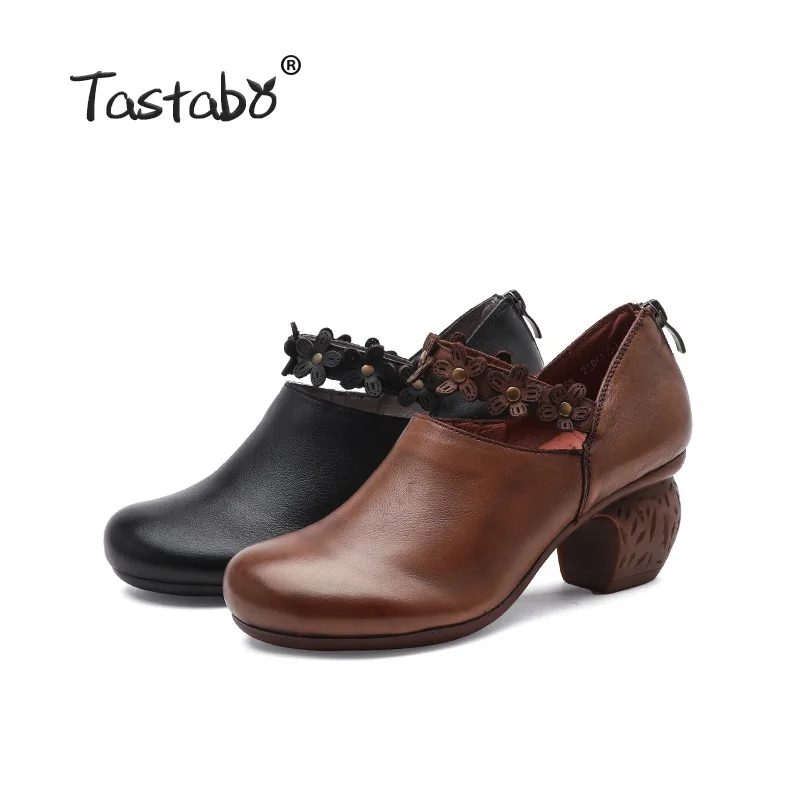 

Tastabo 100% Genuine Leather Women's shoes Appliques high heel design Simple casual style Brown black S19658 Handmade shoes