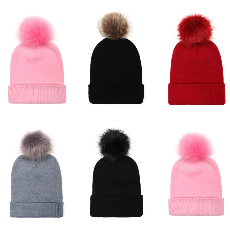 Новый искусственного меха шапки с помпоном для Для женщин зимние однотонные