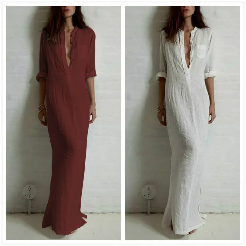 Женское длинное платье рубашка повседневное Однотонное Платье макси с длинным
