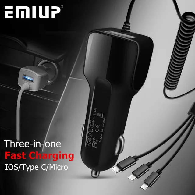 EMIUP 3 в 1 Автомобильное зарядное устройство USB для IPhone X 7 XS Max автомобильное зарядное устройство Micro usb type C зарядка для мобильного телефона samsung S9 S8 Xiaomi