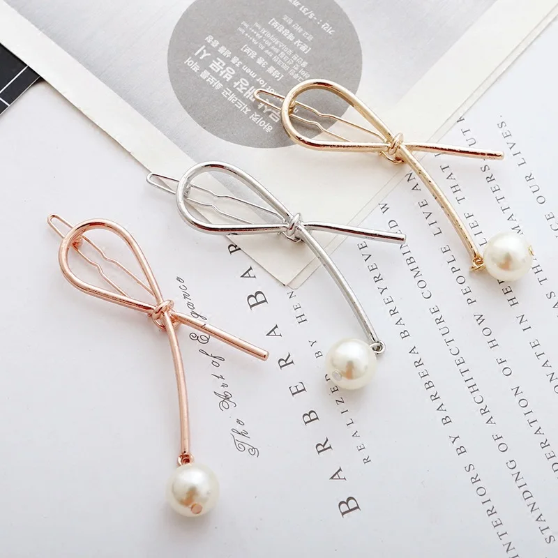 

Korean Girls Women Hair Accessories Pearl Hairpins Metal Bow Knot Barrettes Headwear Hairgrips Simple Lady Hair Holder Hair Clip
