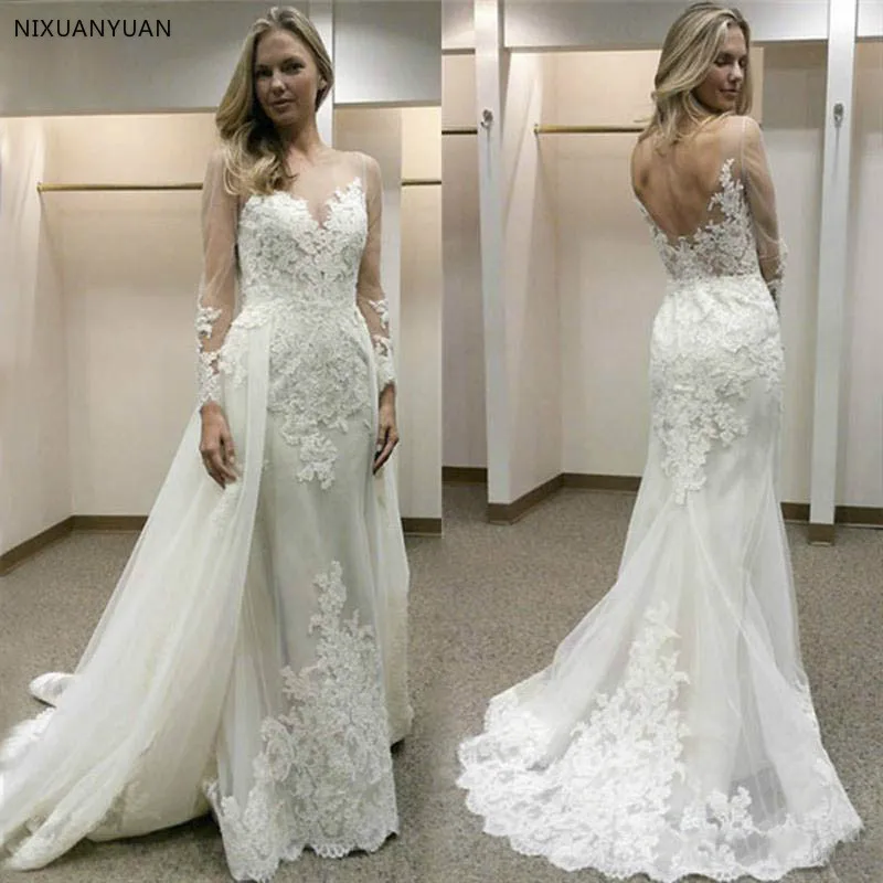 

2021 Newest Lace Half Sleeve Mermaid Wedding Dress Sexy Backless Appliques Bridal Gowns Vintage Boho Vestido De Noiva