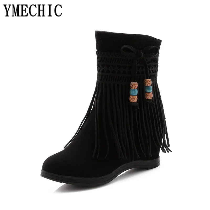 Женские ботинки с бахромой YMECHIC черно-Бежевые из флока бантом-бабочкой на скрытом