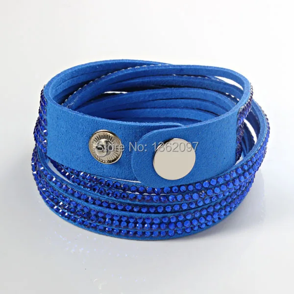 fashion royal blue crystal unisex slake leather snap bracelet with rhinestones retail 5pcs/lot free ship | Украшения и аксессуары