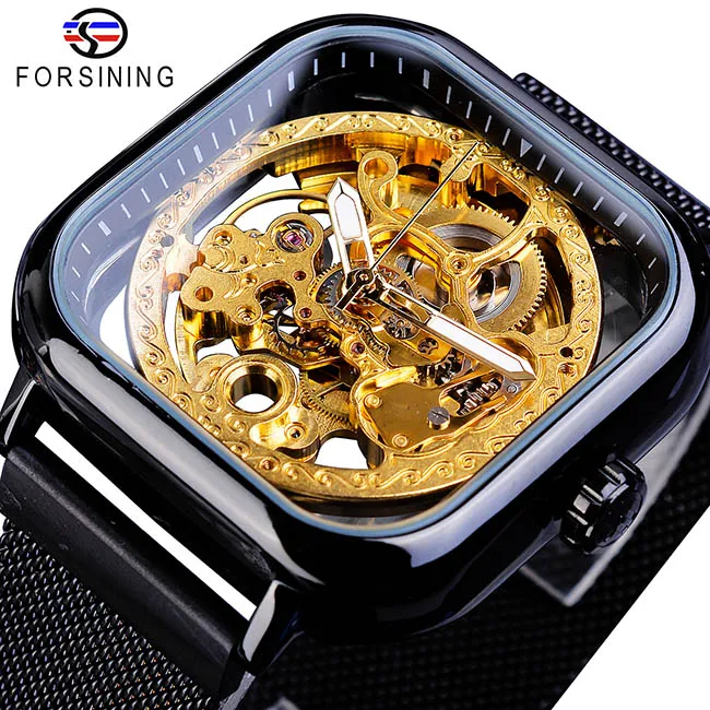GMT1148-2 Forsining синие квадратные автоматические часы мужские механические скелетные полые тонкие сетчатые Стальные наручные часы стильные часы Relogio - Цвет: GMT1148-2