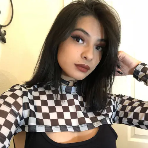 Женский прозрачный топ в черно белую клетку сетчатый с длинными рукавами клубная