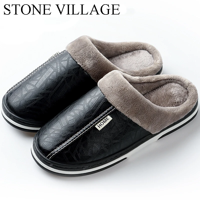 STONE VILLAGE High Quality Large Size Waterproof PU Leather Slippers Winter Warm Women Slippers Shoes Indoor Home Slippers Men