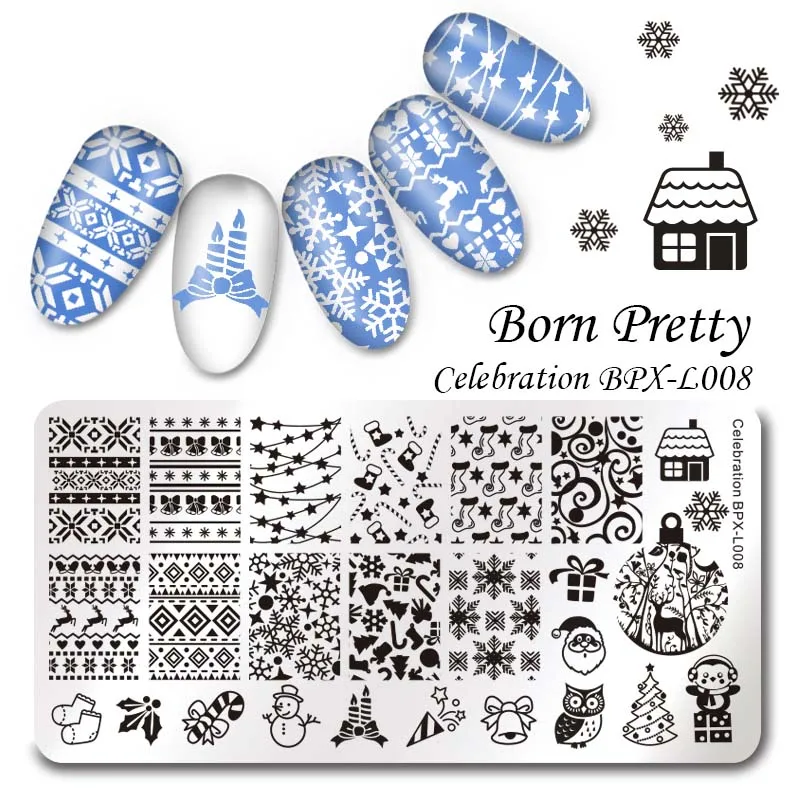 BP008 BORN PRETTY Рождество тема штамповки пластины Санта-Снежинка колокольчик гвоздь штамп для дизайна ногтей с гвоздь штамп Scarper - Цвет: BP008