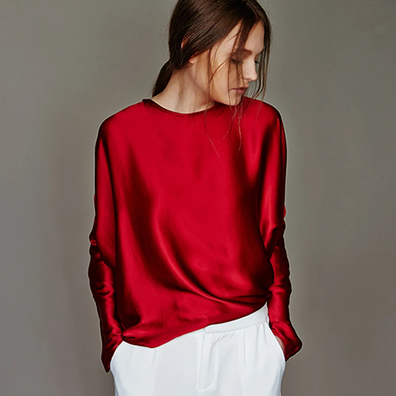 100% шелковая блузка Для женщин рубашка Простой дизайн с круглым вырезом одежда