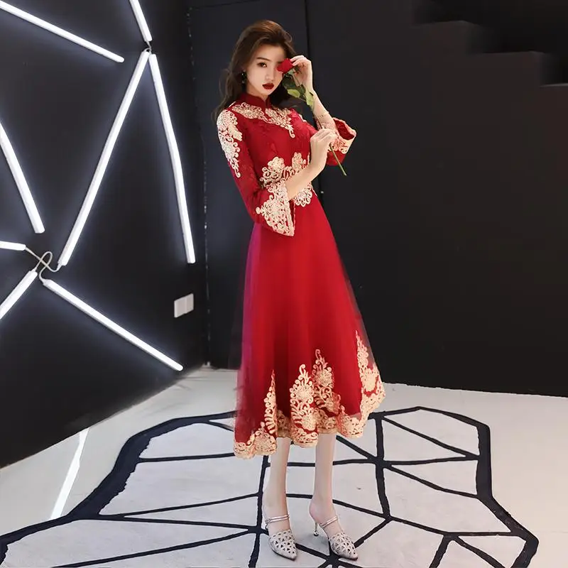 Китайский винтажный Красный в пол Cheongsam женский традиционный вышивка цветок Qipao невесты свадебное вечернее платье - Цвет: Style 11