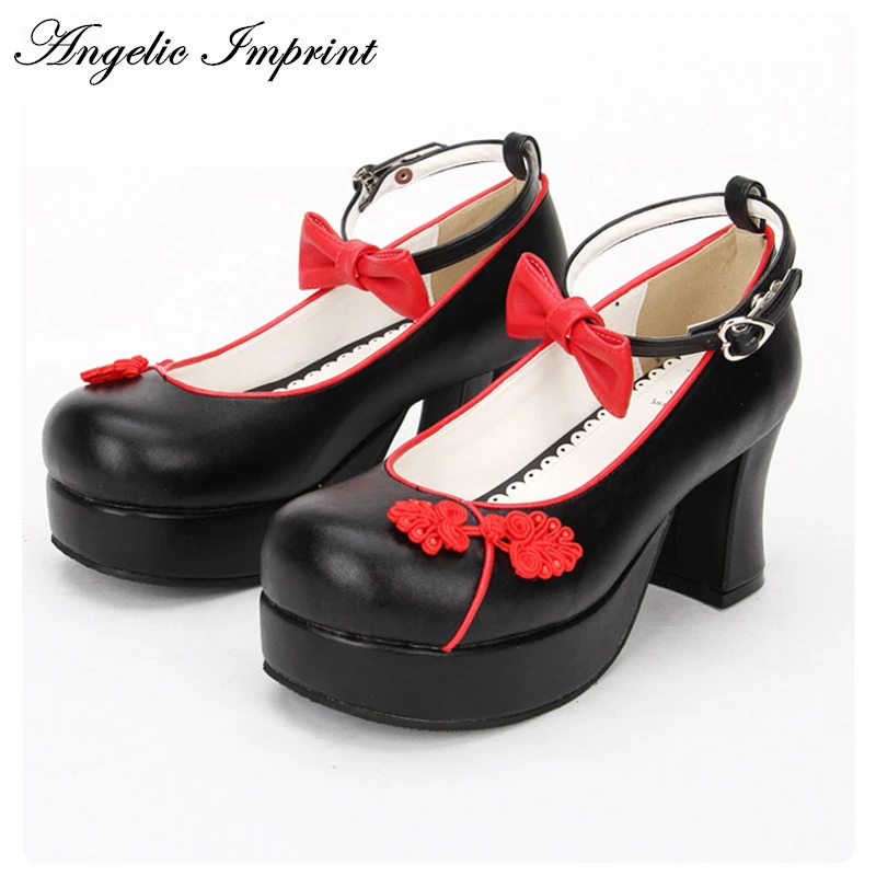

Новинка 2017 года китайский Стиль на не сужающемся книзу массивном каблуке в стиле «лолита» Косплэй туфли с милым бантиком-бабочкой; Обувь с р...
