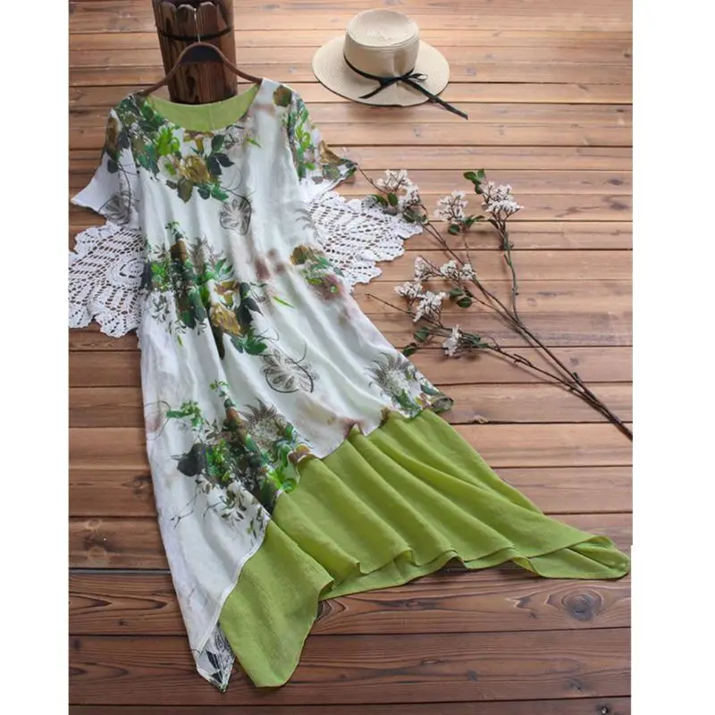 Новинка женское элегантное платье с коротким рукавом хлопковое льняное в стиле