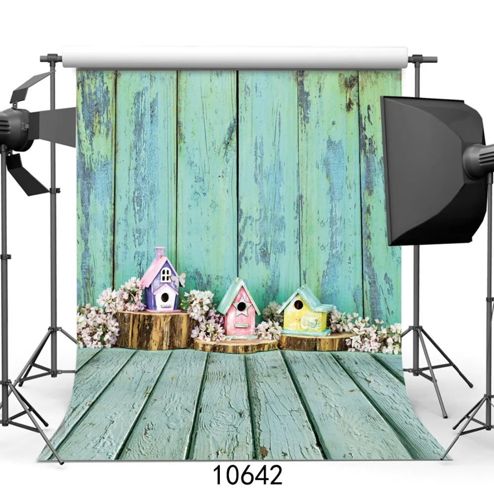 

Flowers Small House Green Wooden Floor Vinyl Wall Photography Background For Baby Adult Backdrops Photo Shoot Booth Studio