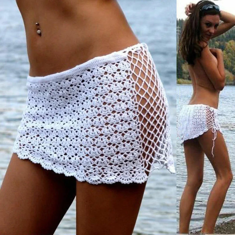 

Womens Mini Summer Skirt Crystal Bikini Set Bandage Push-Up Swimwear Beach Knit bikini skirt Dropped A-Line Hollow Out Swimsuit
