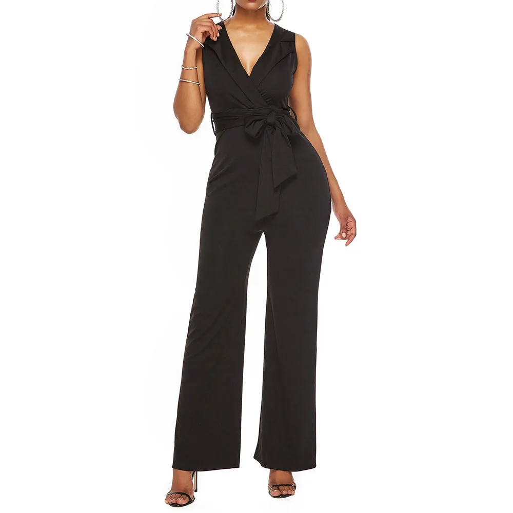 Офисный длинный женский элегантный комбинезон со шнуровкой тонкий v-образный