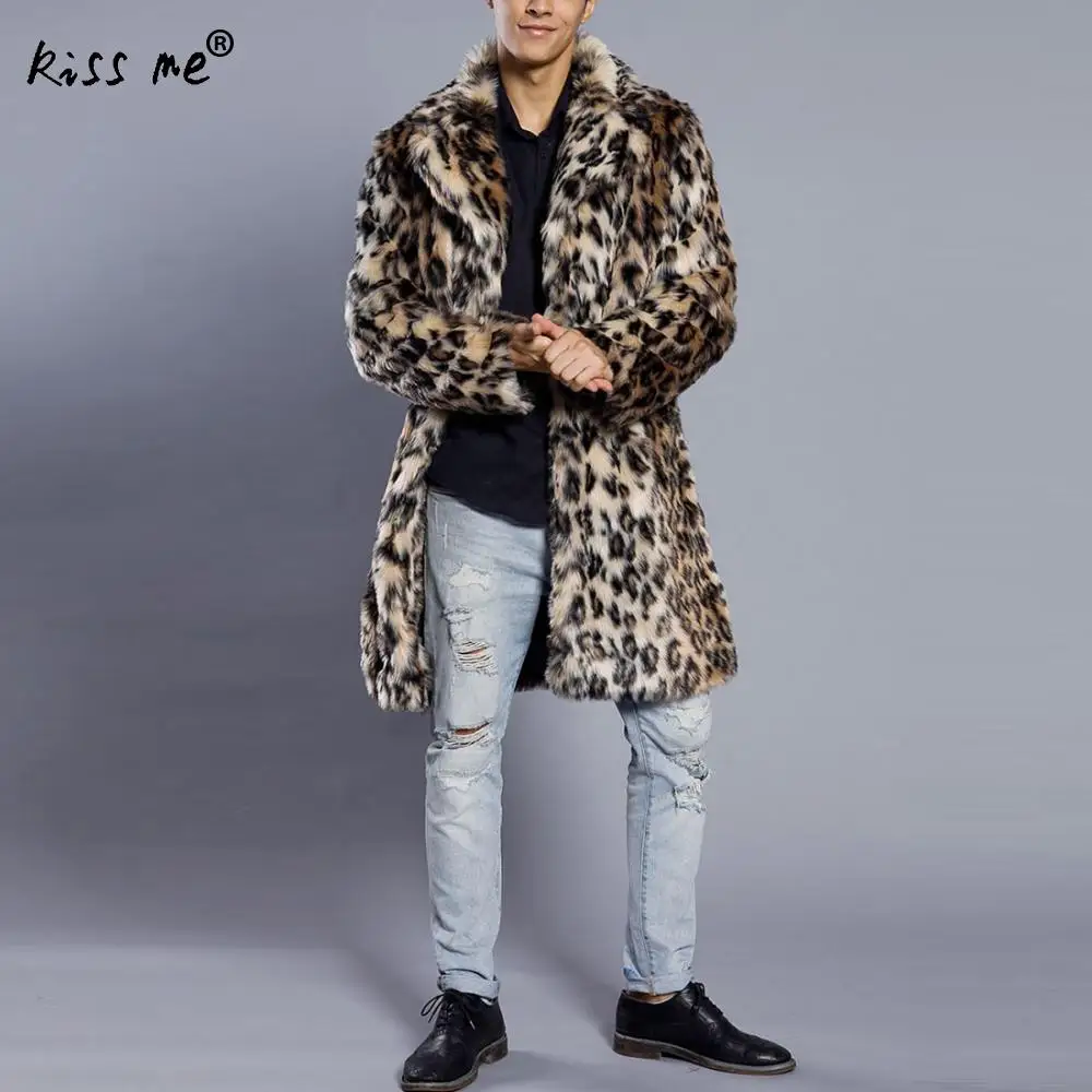 Новинка 2017 года Для мужчин зима искусственного Меховая куртка печати леопарда с
