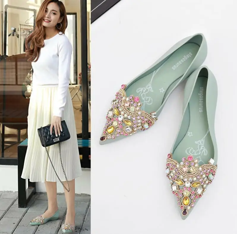 Women's Soft Rhinestones Crystal Pointed Toe Flat Sexy Loafers Sandals Jelly Candy Colors Casual Party Shoes Summer A1090
