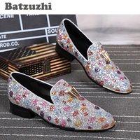 batzuzhi new style handmade men leather shoes sequins round toe mutisilver grey casual leather shoes men partywedding loafers
