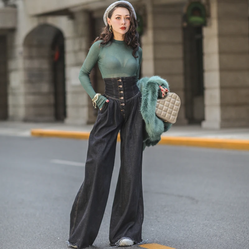 Le palais Винтаж 2018FW с имитацией корсета широкие брюки для женщин джинсы тонкий