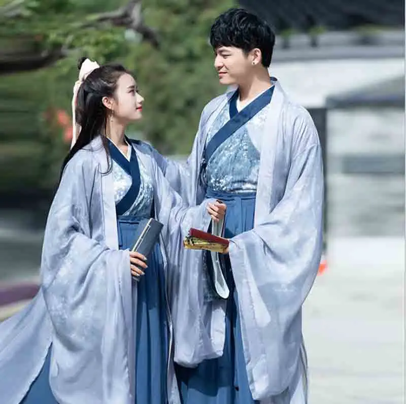 Костюм для пар Hanfu древний китайский винтажный синий комплект Fantasia взрослый