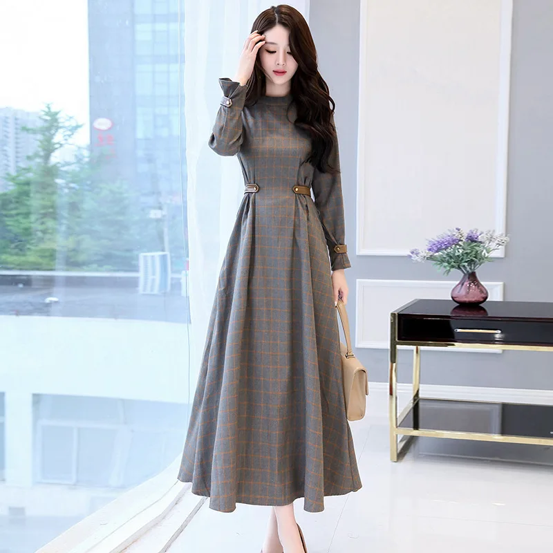 Длинное платье с круглым вырезом и узором в клетку осень 2020|big dress|fashion long dresslong dress |