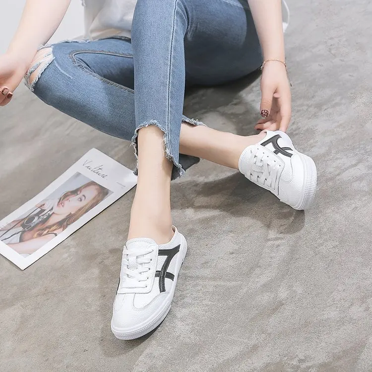 COOLSA Women's Autumn White PU Shoes Casual Striped Flat Slippers Indoor Half Tow Slides Lady Lazy Travel Shoes