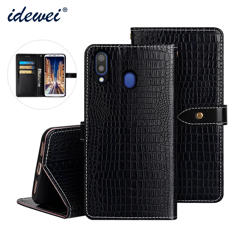 

IDEWEI For Samsung Galaxy M20 Case Cover Luxury Leather Flip Case For Samsung M20 M205F Protective Phone Case Crocodile Grain
