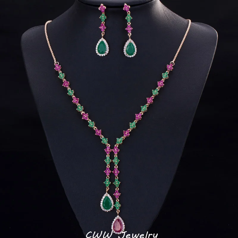 gold plated CWWZircons красивый зеленый и красный CZ циркония камень ювелирные изделия 4 листа длинные висячие вечерние цепочки и ожерелья серьги наборы для женщин T225 - Окраска металла: gold plated