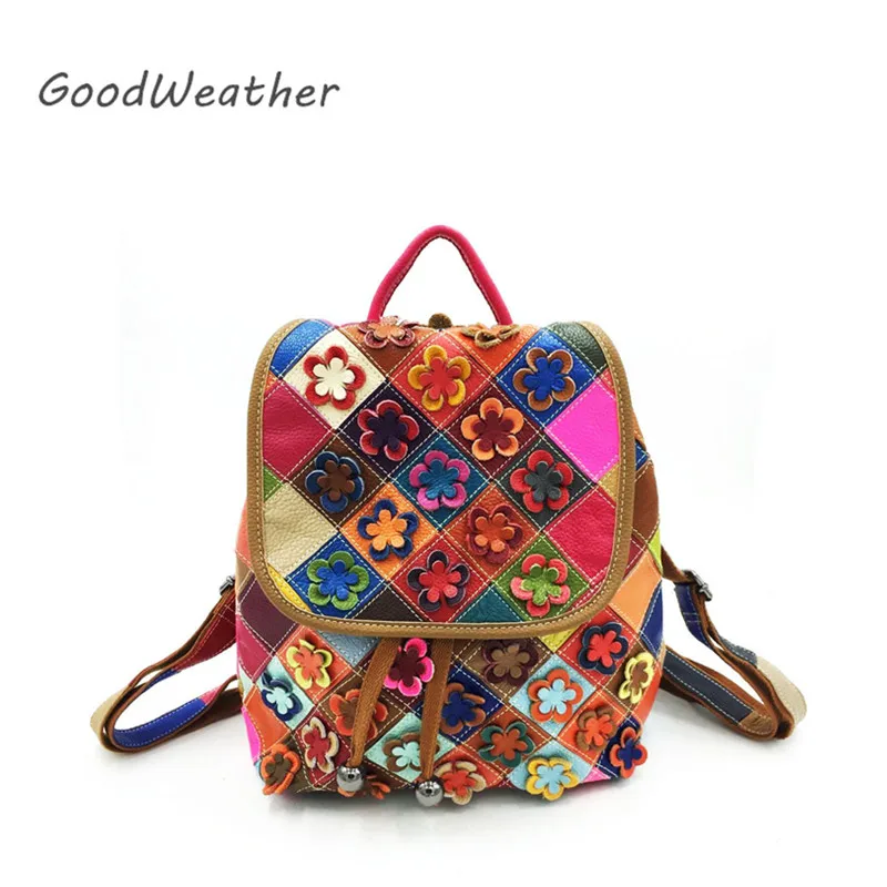 Рюкзак женский из натуральной кожи с цветочным принтом | Багаж и сумки