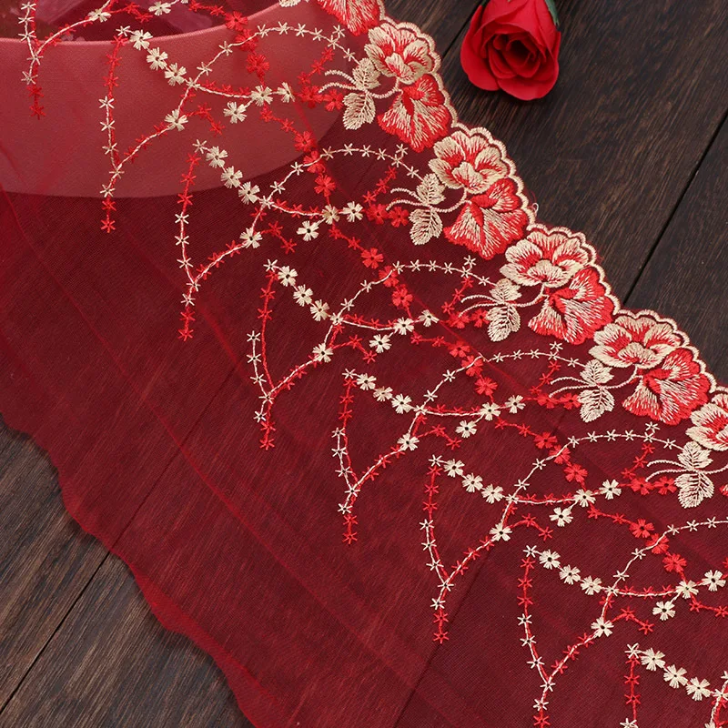 

Hot 22cm/1yard Red Mesh Embroidery Lace Fabric Tissu Costura Mesh Tulle Guipure Cord Lace Sewing DIY Car Doll Accessories Skirt