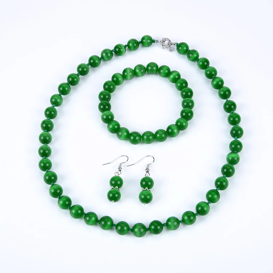 Dark green 12 цветов, круглые бусины "кошачий глаз" из опала, 10 мм, Высококачественная цепочка, ожерелье, браслет, серьги для женщин, красивые ювелирные изделия, 18 дюймов - Окраска металла: Dark green