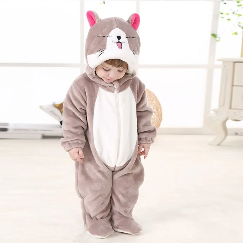 Детские комбинезоны с капюшоном для детей от 0 до 24 месяцев, утепленная мягкая фланелевая одежда с рисунками животных, пижамы для мальчиков и девочек, одежда для игр