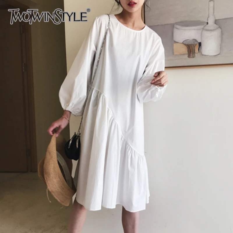 TWOTWINSTYLE Patchwork Ruffles Summer Dress For Women Lantern Sleeve Loose Big Size Black Dresses Female Clothes Fashion 2018 | Женская