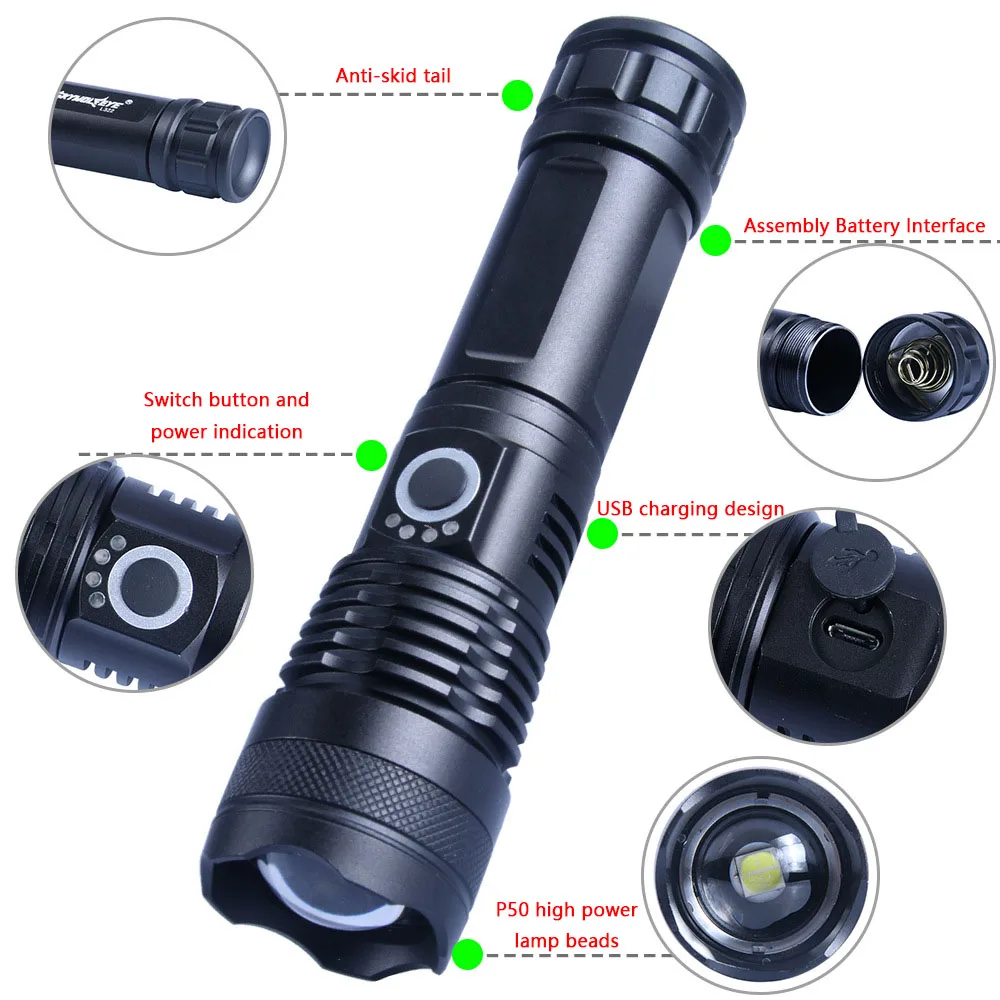 Светодиодный XHP50 Zoom фонарик 1500LM Мощный USB Перезаряжаемый 5 режимов