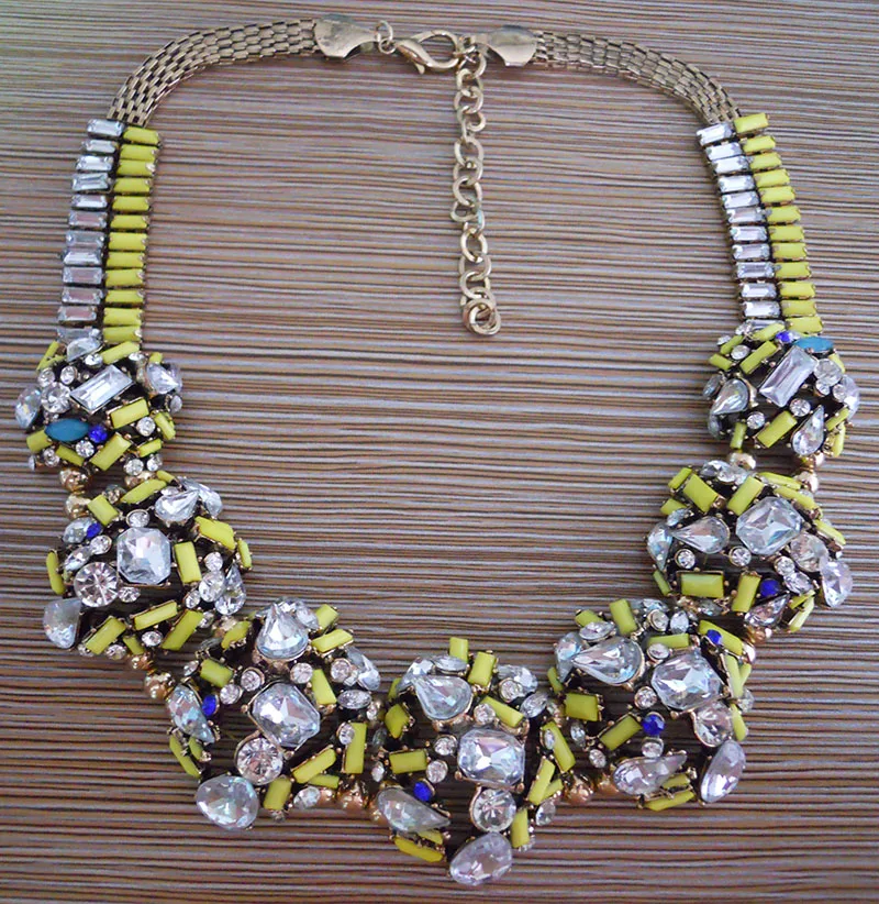 2015 New Fashion Jewelry Luxury Brand Za Yellow Rhinestone Statement Necklace Double Chain Crystal Choker Bib Necklaces Collar | Украшения