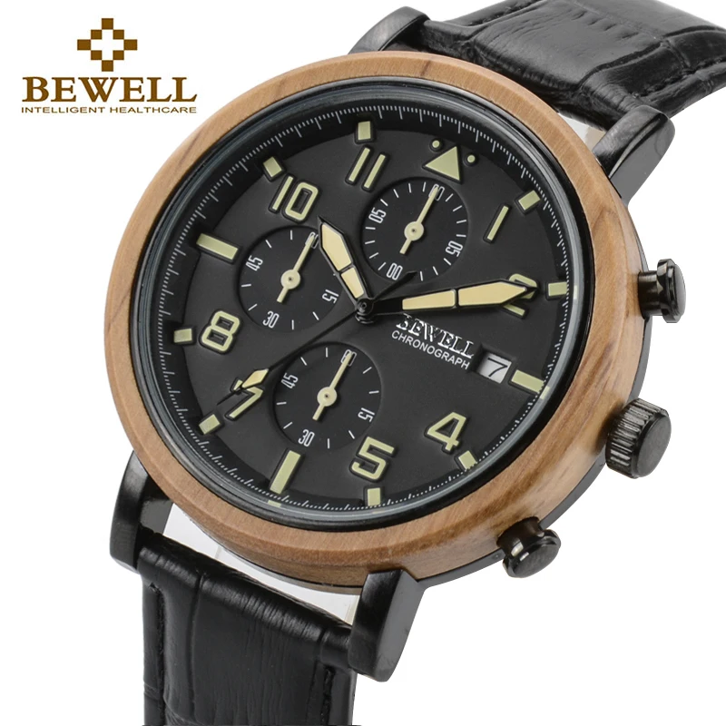 

BEWELL Luxury Brand Men Wood Watches With Luminous Hands And Stopwatch Boy Gift Waterproof Watch With Leather Band 1061A