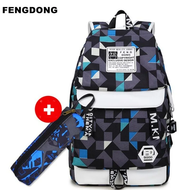 Fengdong 2 шт./компл. Для мужчин USB рюкзак печати школьная сумка для мальчиков