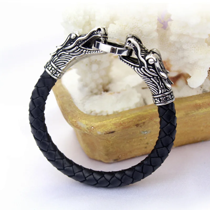 Cool men bracelet leather Tibetan silver titanium fashion male vintage accessories parataxis double dragon jewelry |