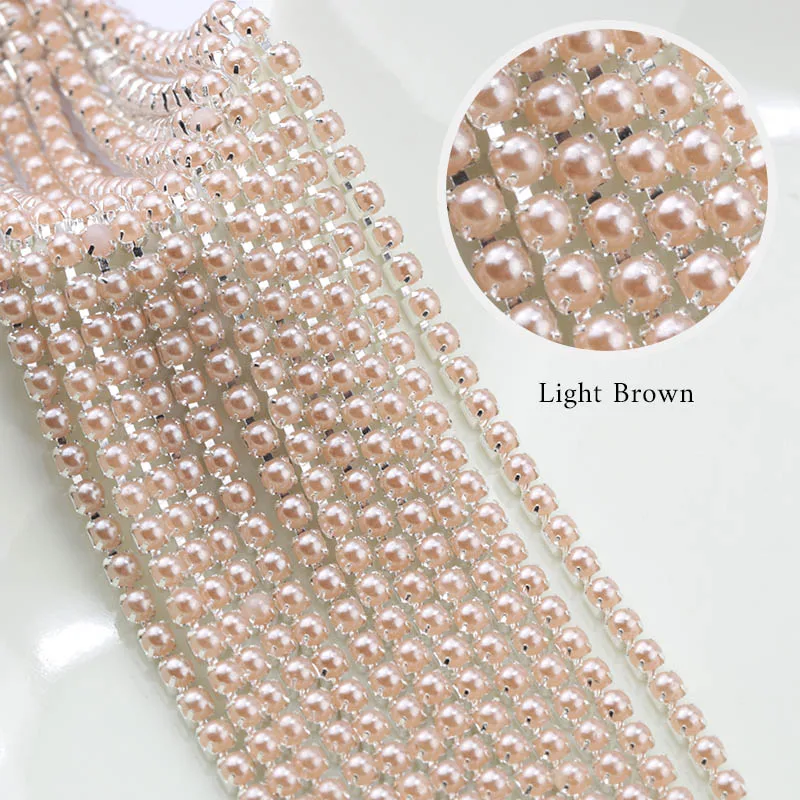 light brown Новые поступления ABS жемчужная цепочка SS6 2 мм Серебряная основа чашка красочная жемчужная цепочка для шитья одежды diy аксессуары для красоты - Цвет: light brown