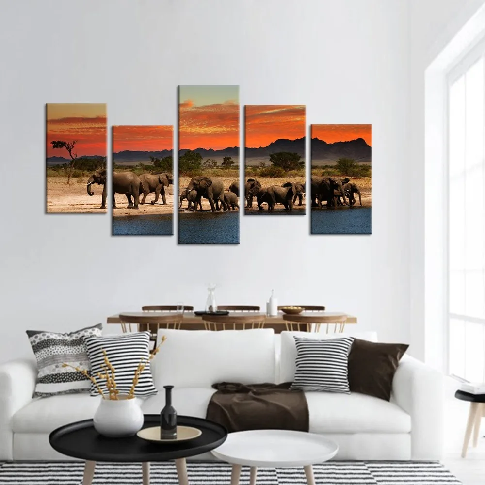 

Modular Canvas Pictures Wall Art 5 Pieces Animal Elephant Family Sunset Scenery Paintings HD Prints Poster Frame Decor Home Room