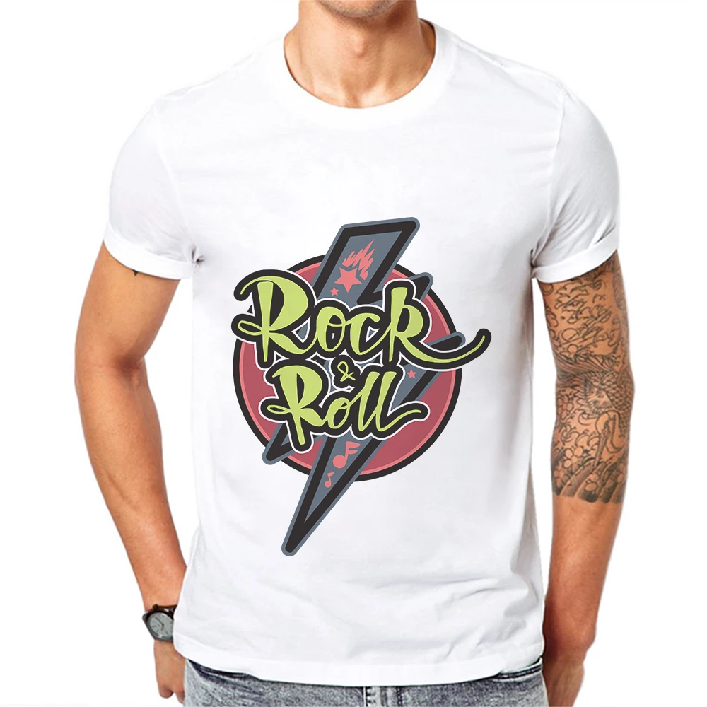 

Rock And Roll Letter Men T Shirt 100% Cotton O-Neck Man T-shirt Lightning Printing Comfortable Streetwear Mens Tops Tee Shirts