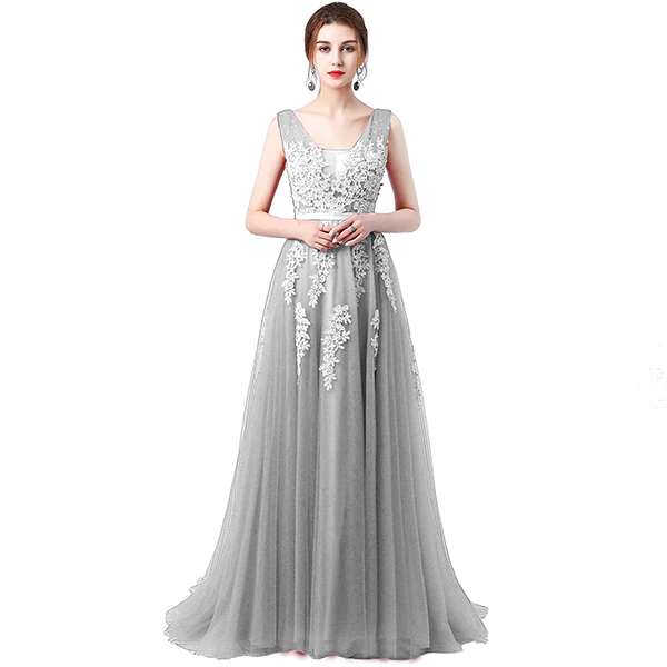 Vestido de festa Новое поступление Robe De Soiree v-образный вырез с кружевной аппликацией длинные тюлевые вечерние платья розовый темно-синий серый - Цвет: Серый
