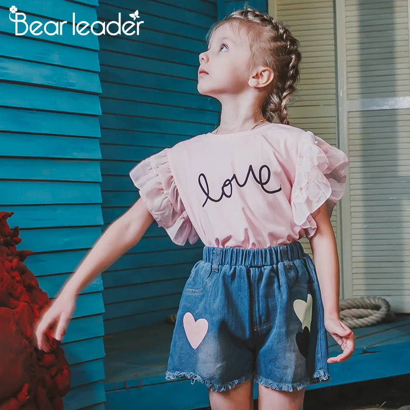 Футболка и шорты для девочки Bear Leader, летний детский повседневный комплект, синяя футболка с цветочным принтом+ штаны, на возраст от 3 до 7 лет